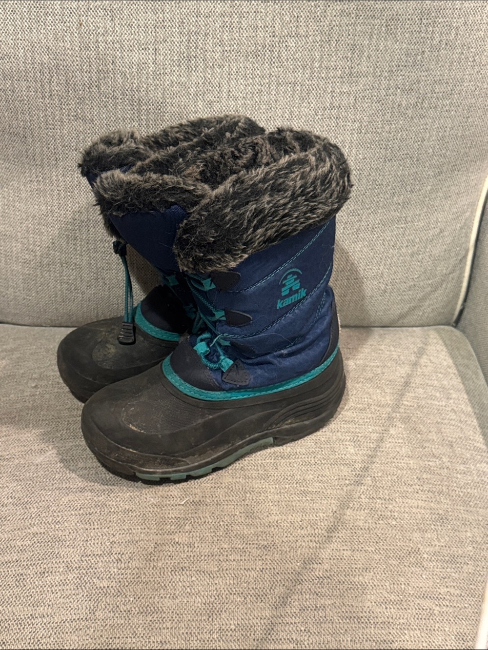 Kamik Navy Blue Kids Winter Boots with Teal Accents and Faux Fur Cuff